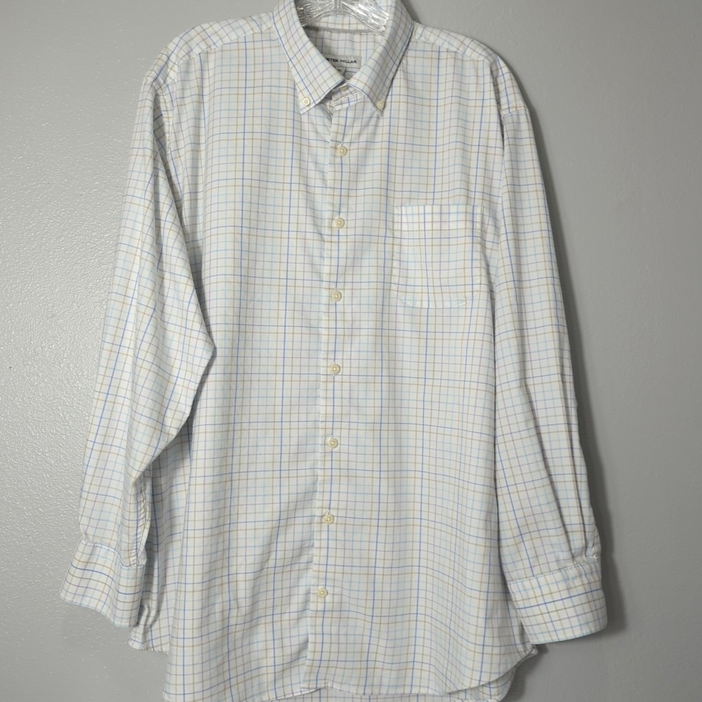 Peter Millar Mens XL White Blue Purple Tan Plain Long Sleeve Button Up Shirt 209